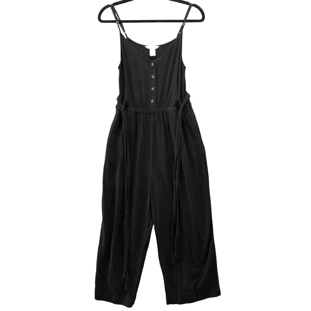 H&M Linen Blend Cami Jumpsuit Womens 4 Black‎ Tie Waist Relaxed Wide Leg Crop